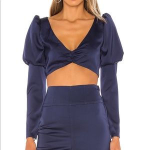 NBD silky blue puff sleeve crop top